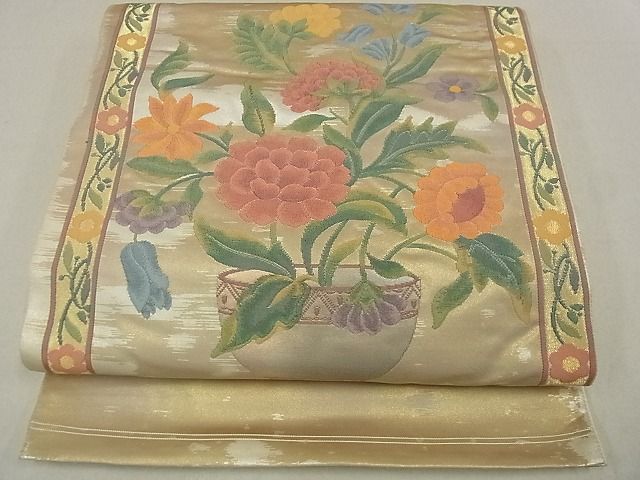 平和屋着物■六通太鼓柄袋帯　草花文　金糸　逸品　ga1953