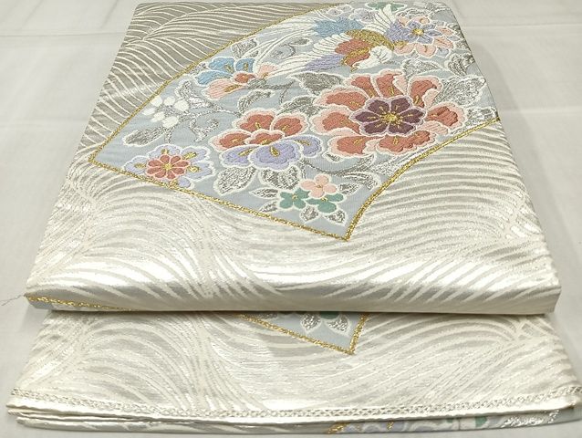 平和屋着物◎六通柄袋帯　唐織　扇面花鳥文　金銀糸　正絹　逸品　AAAK8785Bdt