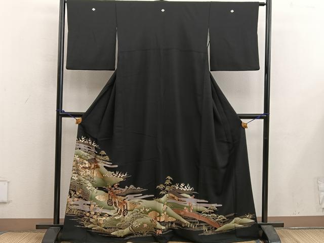 平和屋着物■豪華黒留袖　御所車風景花文　金彩　正絹　逸品　BAAX5421mz