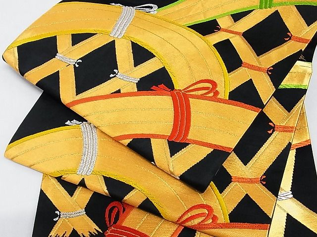 平和屋着物■六通柄袋帯　唐織　籬文　黒地　金銀糸　正絹　逸品　A-ex5872