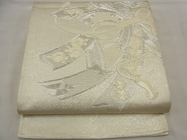 平和屋着物■太鼓柄袋帯　総刺繍　駒刺繍　束ね熨斗花文　銀糸　逸品　n-ea0759