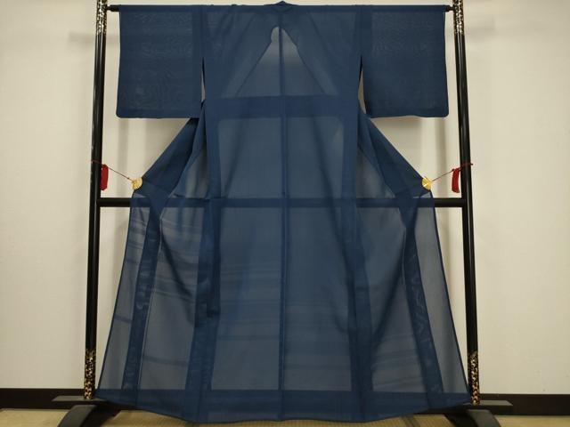 平和屋着物＊夏物 色無地 横段紋紗 留紺色 正絹 逸品 AABA5553sx