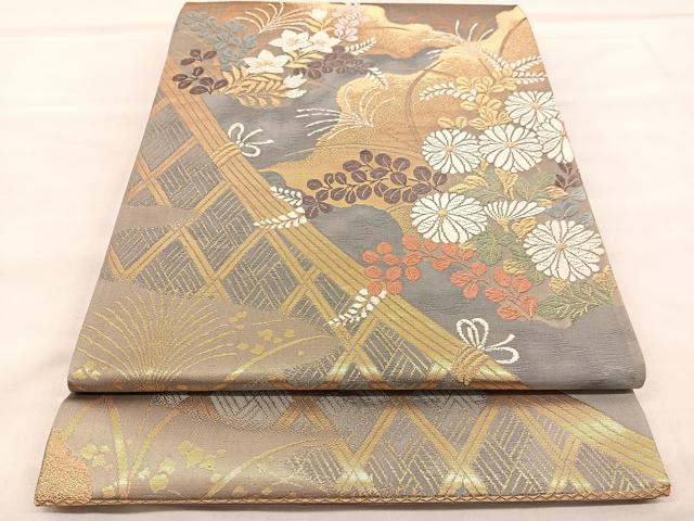 平和屋着物◎西陣　六通柄袋帯　唐織　秋草文　金糸　正絹　逸品　未使用　BAAU8112hv