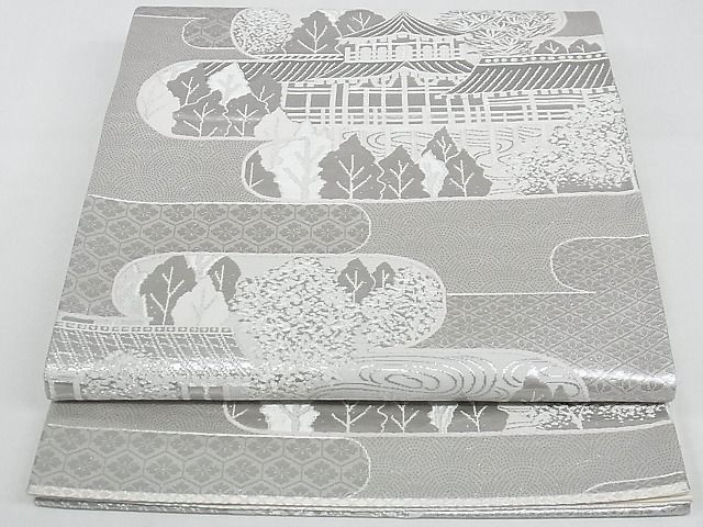 平和屋着物◎六通柄袋帯　風景文　銀糸　正絹　逸品　AAAH4275Ast
