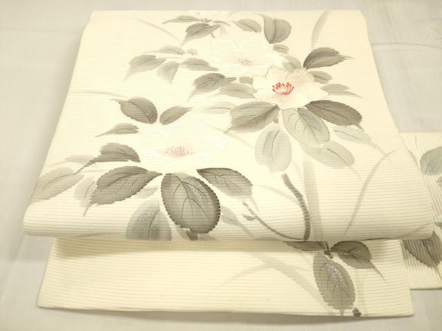 乐天商城 - 平和屋着物＊夏物　九寸名古屋帯　作家物　手描き　刺繍　草花文　銀彩　正絹　逸品　DABC8675cm