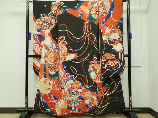 平和屋本店■極上 アンティーク 大正ロマン 振袖 駒刺繍 檜扇鼓吉祥文 黒地 金彩 逸品 CZAA1931s5 平和屋本店■極上 アンティーク 大正ロマン 振袖 駒刺繍 檜扇鼓吉祥文 黒地 金彩 逸品 CZAA1931s5