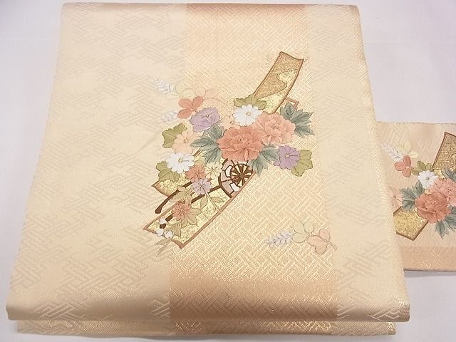 平和屋着物◎九寸名古屋帯　刺繍　短冊花車文　金糸　逸品　CAAD0853eg