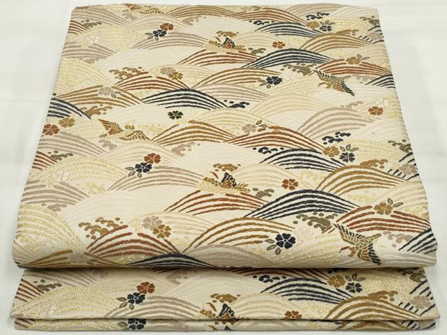 平和屋着物◎六通柄袋帯 唐織 立波鴛鴦花文 金糸 正絹 逸品 DAAQ8610qa