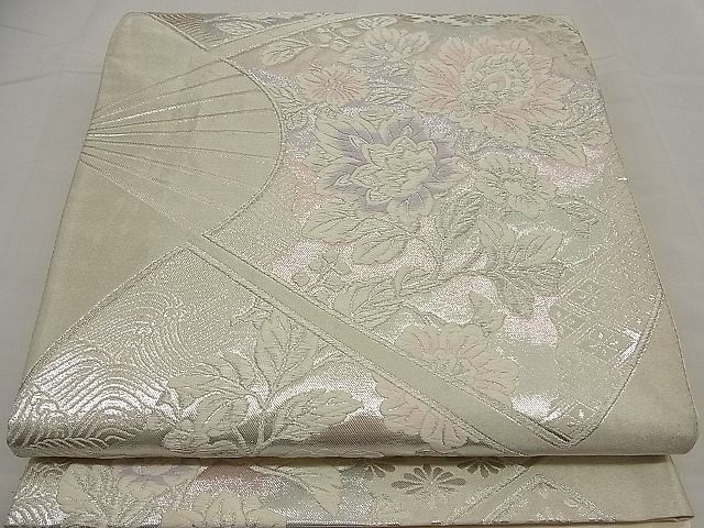 平和屋着物■六通柄袋帯　扇面更紗草花文　銀糸　逸品　n-ea0372