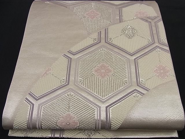 平和屋着物■六通柄袋帯　唐織　松葉亀甲花文　銀糸　逸品　n-nr0261