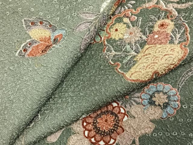 平和屋着物▽小紋　単衣　雪輪花蝶文　ロング丈　洗える着物　AABC3899fy