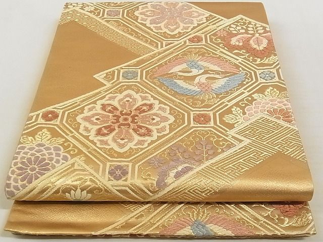 平和屋着物◎六通柄袋帯 唐織 蜀江双鶴花文 金糸 正絹 逸品 AAAG7921Ajz