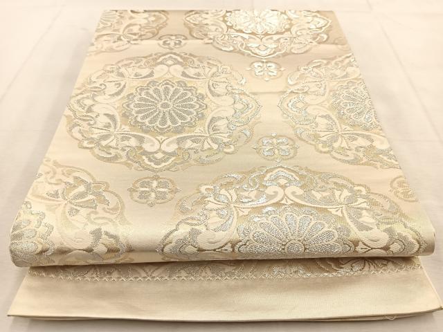 平和屋着物◎西陣 六通柄袋帯 唐織 正倉院花文 銀糸 正絹 逸品 BAAU8909yc