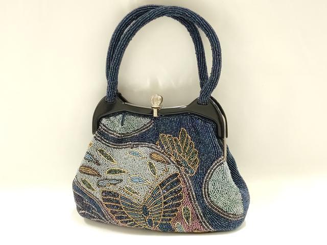 平和屋着物●和装小物　和装バッグ　ハンドバッグ　ビーズバッグ　舞蝶文　逸品　AABH6758ay