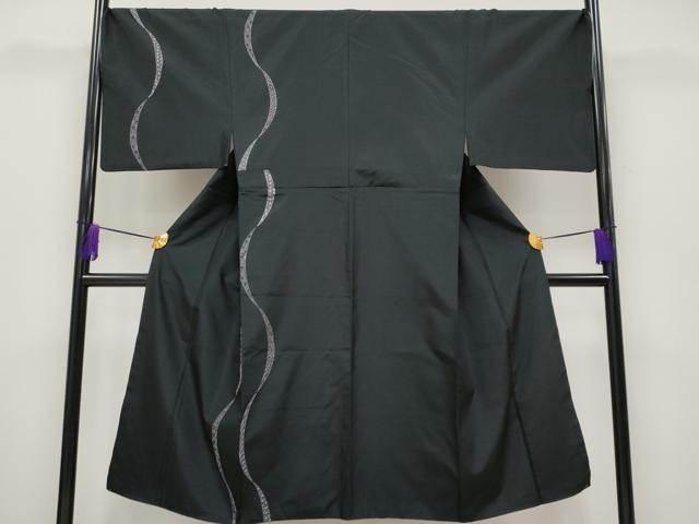 平和屋本店■極上 男性 訪問着 紬地 刺繍 刺し子 よろけ縞吉祥文 黒地 逸品 CYAA1838s5
