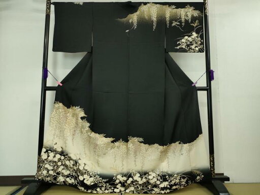 平和屋本店■極上 訪問着 単衣 駒刺繍 藤花房 饅頭菊 黒地 金彩 逸品 DZAA5018kh5 平和屋本店■極上 訪問着 単衣 駒刺繍 藤花房 饅頭菊 黒地 金彩 逸品 DZAA5018kh5