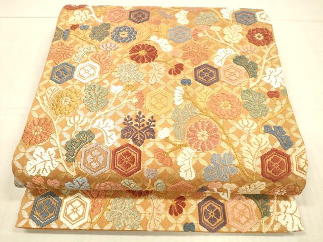 平和屋着物●六通柄袋帯　唐織　亀甲草花文　金糸　正絹　逸品　DAAX0219cm