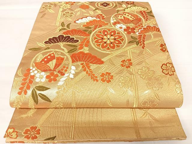 平和屋着物◎六通柄袋帯　唐織　花蝶文　金糸　正絹　逸品　AABA2124yx