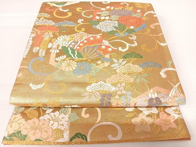 平和屋着物◎六通柄袋帯　唐織　花蝶文　金糸　正絹　逸品　AABA2125yx