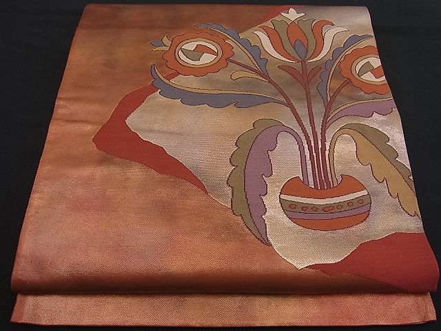 平和屋着物■六通太鼓柄袋帯　陶器花文　引箔　金銀彩　逸品　n-fw1126