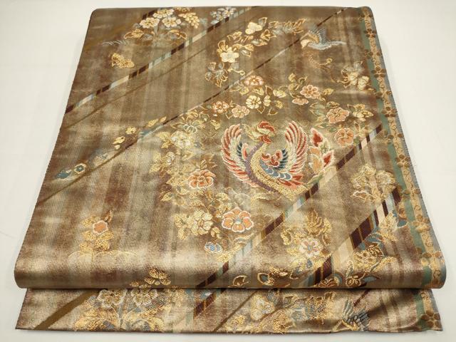 平和屋着物▼西陣まいづる謹製　六通柄袋帯　斜め取り花鳥文　金糸　正絹　逸品　AABA1664wj