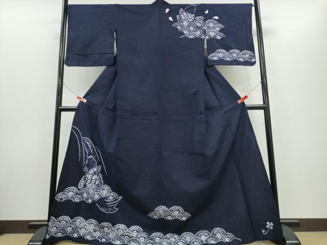 平和屋着物∴夏物 浴衣 訪問着 有松鳴海絞り 鯉の滝登り 濃藍色 綿 逸品 CABH1409ng