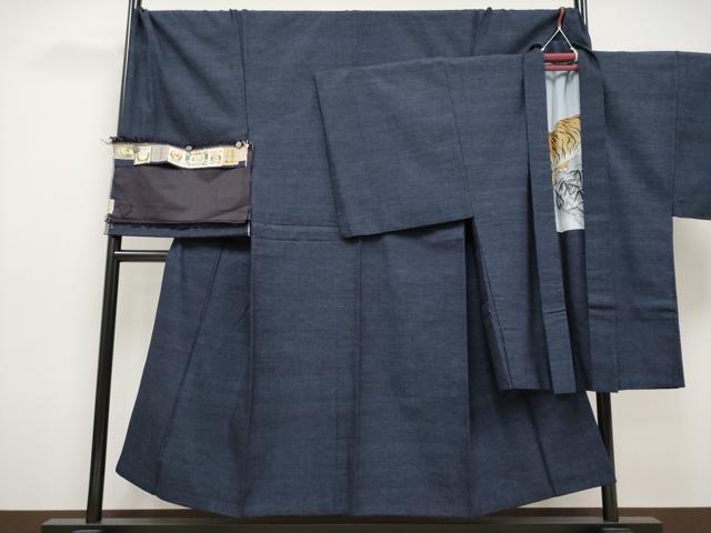 平和屋本店■極上 男性 結城紬 杢 アンサンブル キングサイズ 濃紺地 証紙・反端付き 逸品 CYAA1881s5