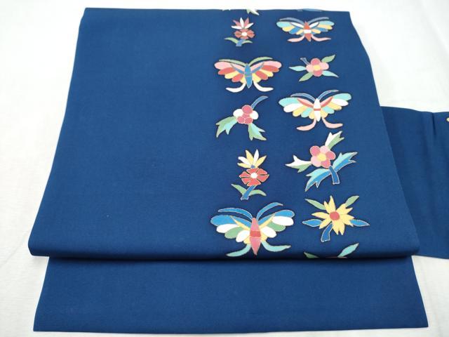 平和屋着物●塩瀬　九寸名古屋帯　型染め　花蝶文　金彩　正絹　逸品　CABD0679hy