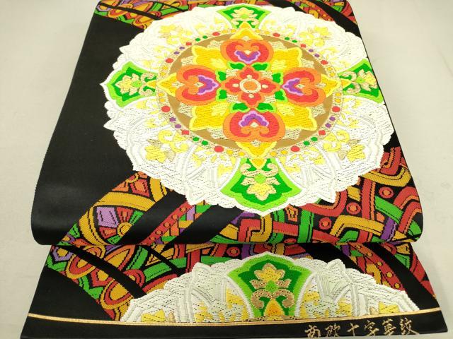 平和屋着物▼六通柄袋帯　唐織　菊十字華紋　黒地　金糸　正絹　逸品　DAAV5526az