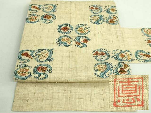 平和屋本店＊極上 夏物 型絵染作家 小島悳次郎 九寸名古屋帯 立波に貝 麻 逸品 DZAB1751kh6