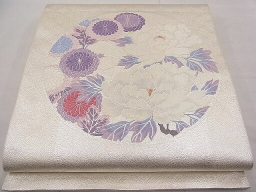 平和屋着物■六通太鼓柄袋帯 唐織 菊牡丹文 銀糸 逸品 n-pk2600 平和屋着物■六通太鼓柄袋帯 唐織 菊牡丹文 銀糸 逸品 n-pk2600
