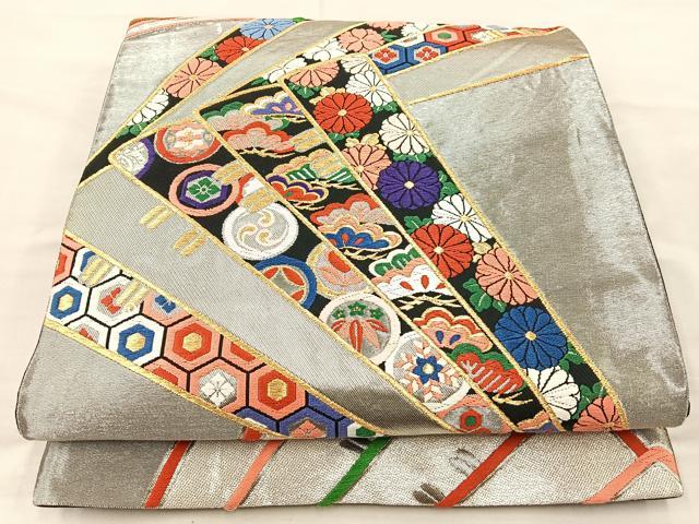 平和屋着物◎六通柄袋帯　唐織　桧扇花文　黒地　金銀糸　正絹　逸品　BAAM4854if