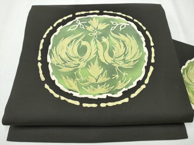 平和屋着物●塩瀬　九寸名古屋帯　ろうけつ染　枝葉鳥文　黒地　正絹　逸品　CABB5812hy