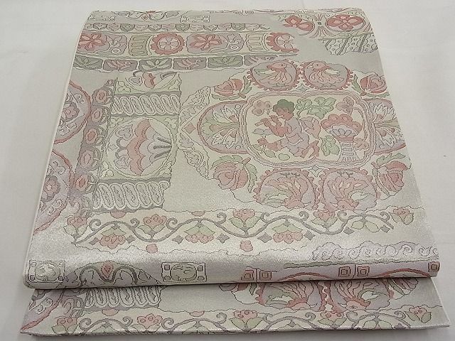 平和屋着物■六通柄袋帯　更紗人物動物花文　銀糸　逸品　n-ar3248