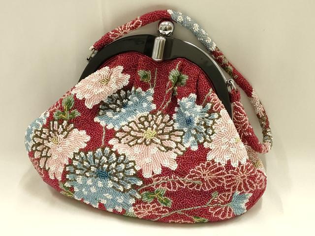 平和屋着物●和装小物　和装バッグ　ハンドバッグ　ビーズバッグ　花柄　菊　逸品　AABH6761ay