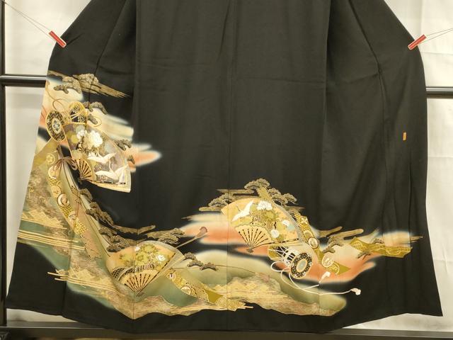 平和屋着物■豪華黒留袖　作家物　駒刺繍　扇面飛鶴草花文　暈し染め　金彩　正絹　逸品　DABB3062cm