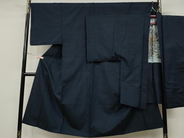 平和屋着物●男性　紬　アンサンブル　色無地　濃藍色　正絹　逸品　CABD0070ut