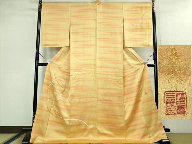 平和屋本店●極上　人間国宝　福田喜三郎　訪問着　刺繍　紐文　暈し染め　金糸　大丸扱い　ロング丈　逸品　DZAB0895kh5