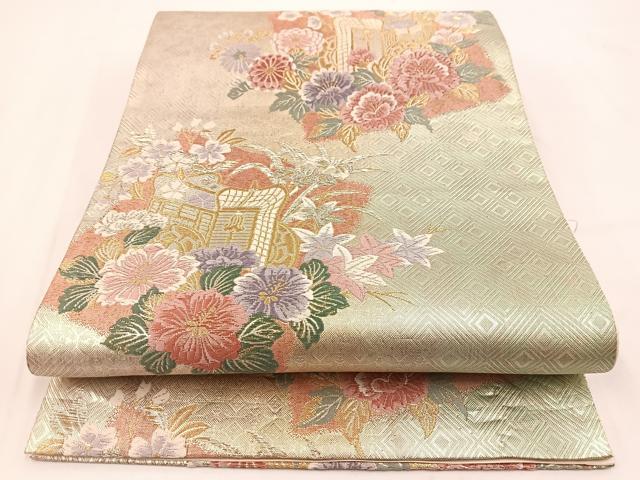 平和屋着物◎六通柄袋帯　唐織　御所車花文　金銀糸　正絹　逸品　BAAV7521yc
