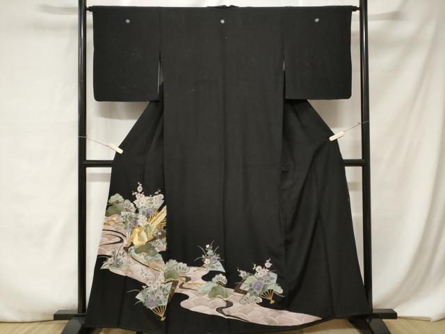 乐天商城 - 平和屋着物■豪華黒留袖　刺繍　尾長鳥扇面枝松花文　暈し染め　金彩　正絹　逸品　CABA7193ev