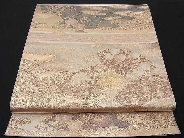 平和屋着物■六通柄袋帯　流水地紙花文　金糸　逸品　n-wb1804