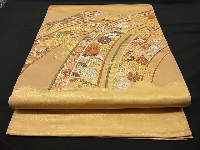 平和屋着物■六通太鼓柄袋帯　唐織　立波吉祥花文　金銀糸　逸品　n-ip0194