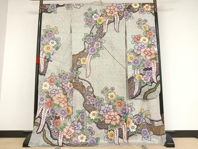 平和屋着物●豪華振袖 駒刺繍 草花文 金糸 金彩 正絹 逸品 AAAX0053np