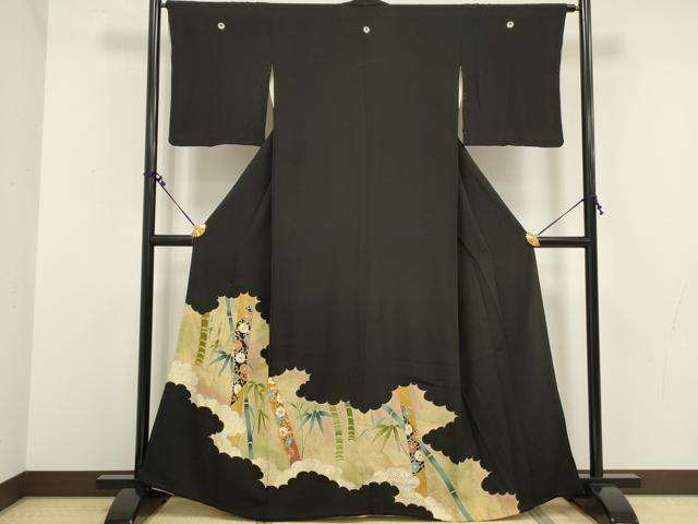 平和屋着物■豪華黒留袖　駒刺繍　笹竹花文　金彩　正絹　逸品　DAAW8944qa