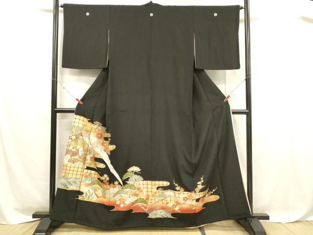 Kimono - 平和屋着物■豪華黒留袖　駒刺繍　尾長鳥梅松文　金銀彩　正絹　逸品　DABD6840cm