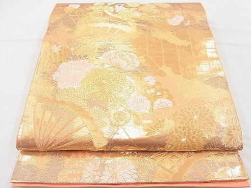平和屋着物◎六通柄袋帯 唐織 扇面花鳥文 金糸 逸品 BAAG3105kj 平和屋着物◎六通柄袋帯 唐織 扇面花鳥文 金糸 逸品 BAAG3105kj