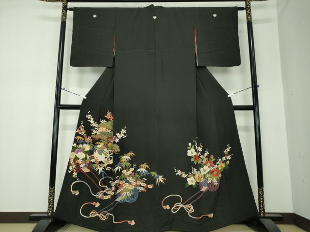 乐天商城 - 平和屋着物●アンティーク　大正ロマン　黒留袖　駒刺繍　吉祥花車文　金彩　正絹　逸品　DAAS3868ps