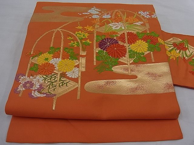 平和屋着物■九寸名古屋帯 唐織 エ霞吉祥菊花文 金糸 逸品 n-mz5659