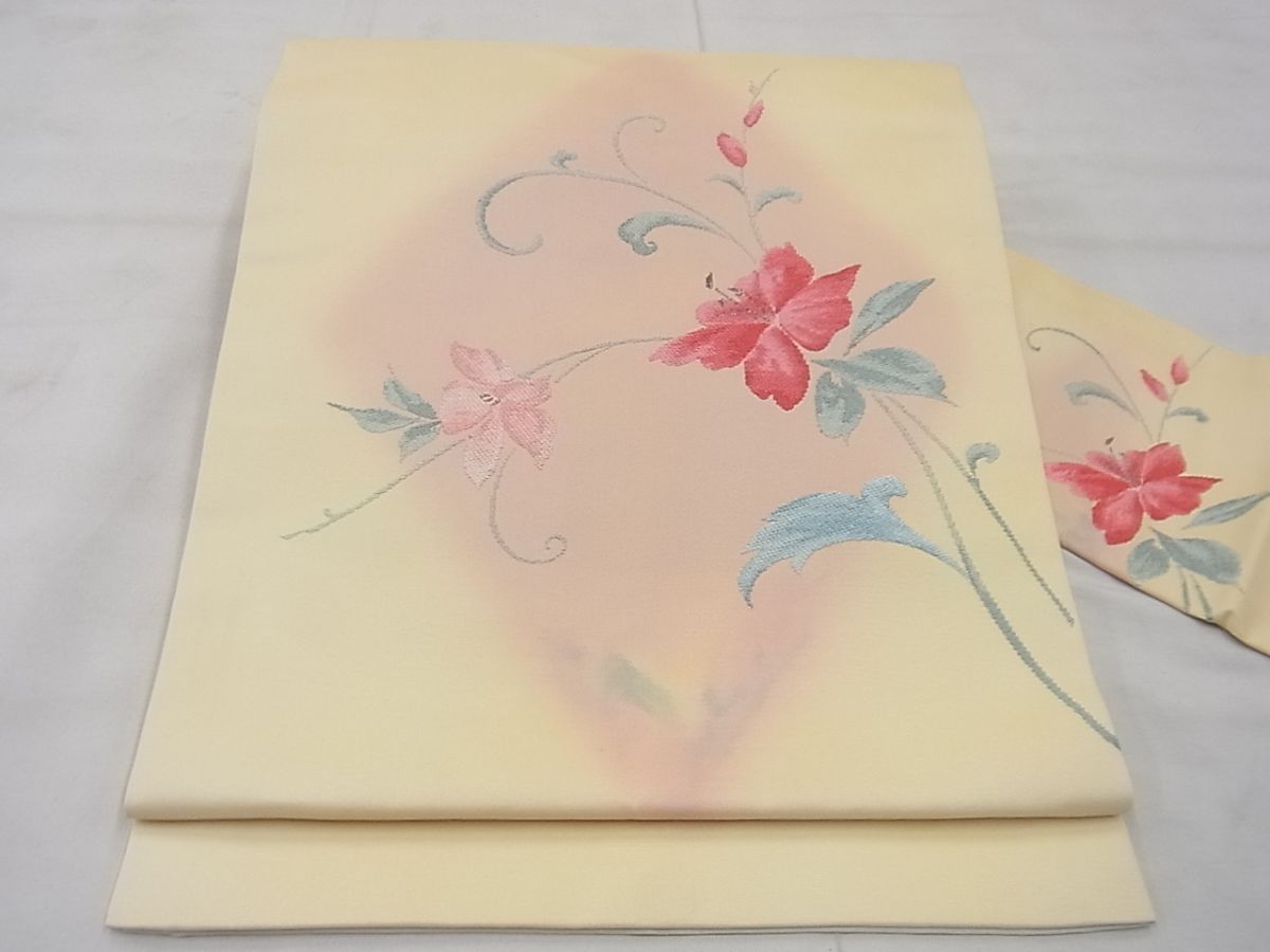 平和屋着物◎九寸名古屋帯　唐織　花唐草文　銀糸　逸品　BAAF7160ns