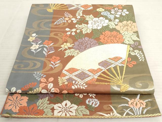 平和屋着物◎六通柄袋帯　唐織　扇面花文　金糸　正絹　逸品　AAAX1129sg